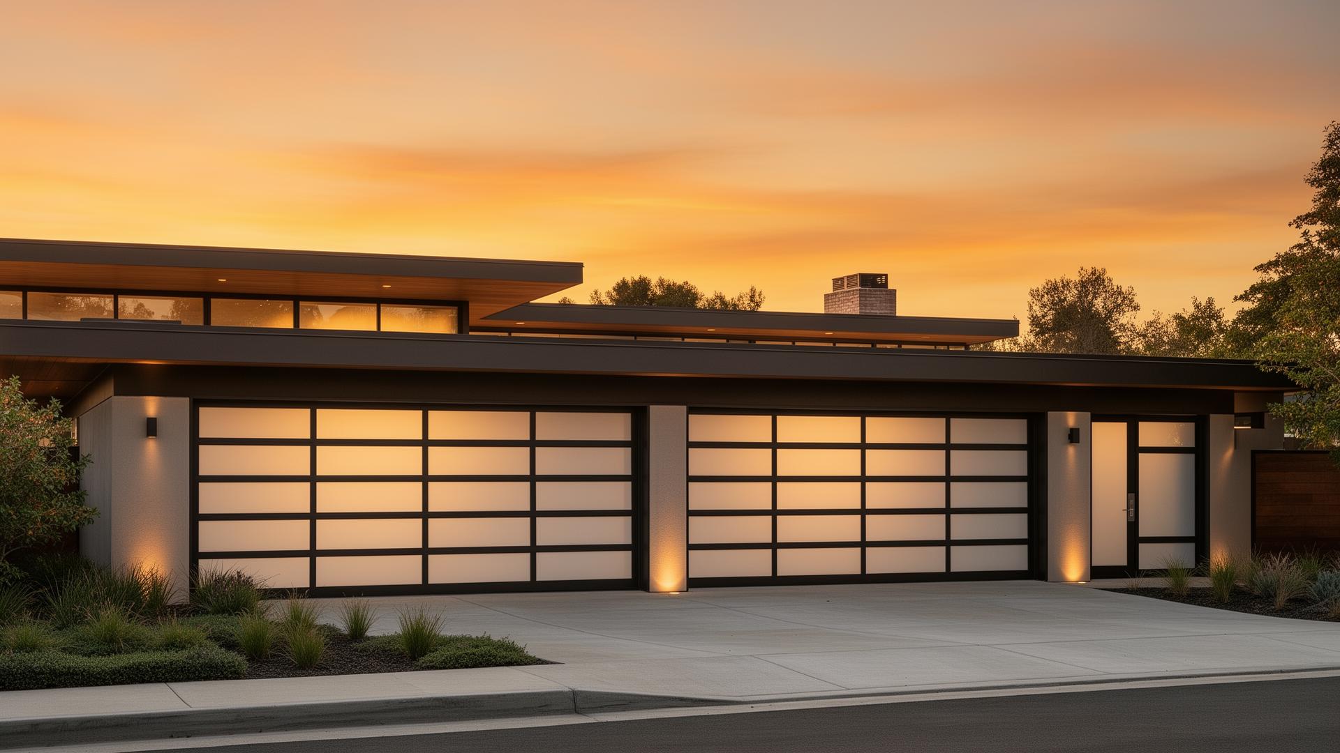 Modern steel garage door with frosted glass panels on mid-century home at sunset